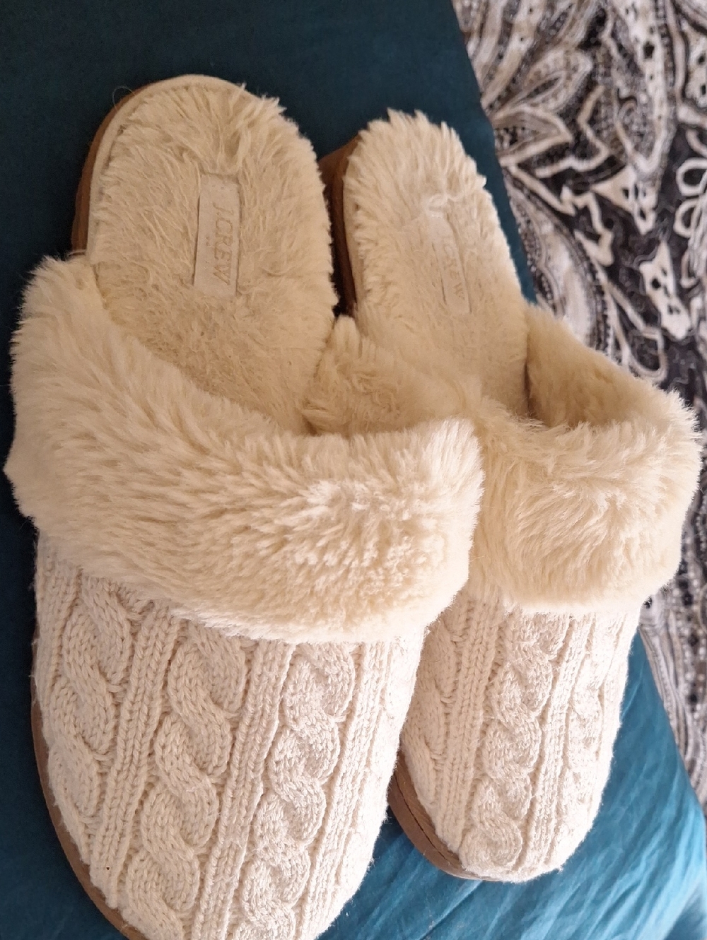 J. Crew Cream Cable Knit Faux-Fur Slippers